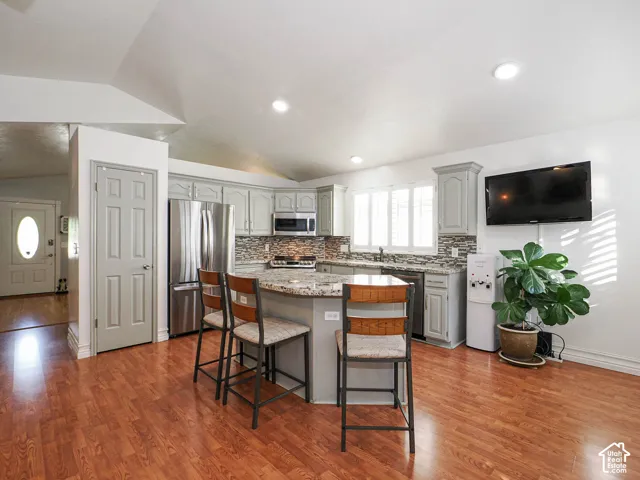 Kitchen featuring wood-finish flooring, an island with countertop seating, stainless steel appliances, light gray cabinetry, and a mosaic tile backsplash