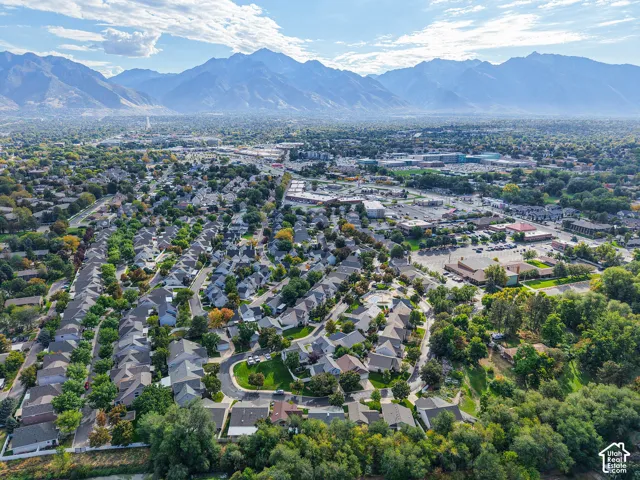 Mountain backdrop, residential area, mature trees, varied rooflines, commercial properties