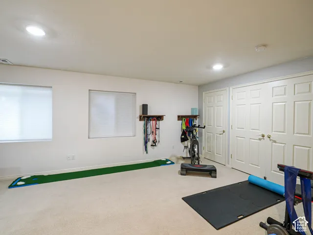 Recessed lighting, light-colored carpeting, multiple windows with blinds, and white paneled doors