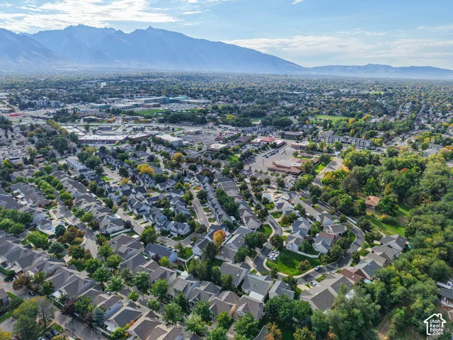 Residential area featuring extensive tree coverage, diverse rooflines, and a clear mountain backdrop