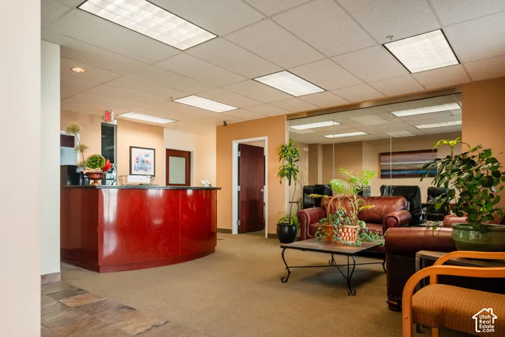 Reception area featuring a polished wood-finish desk, recessed lighting, and carpeted flooring
