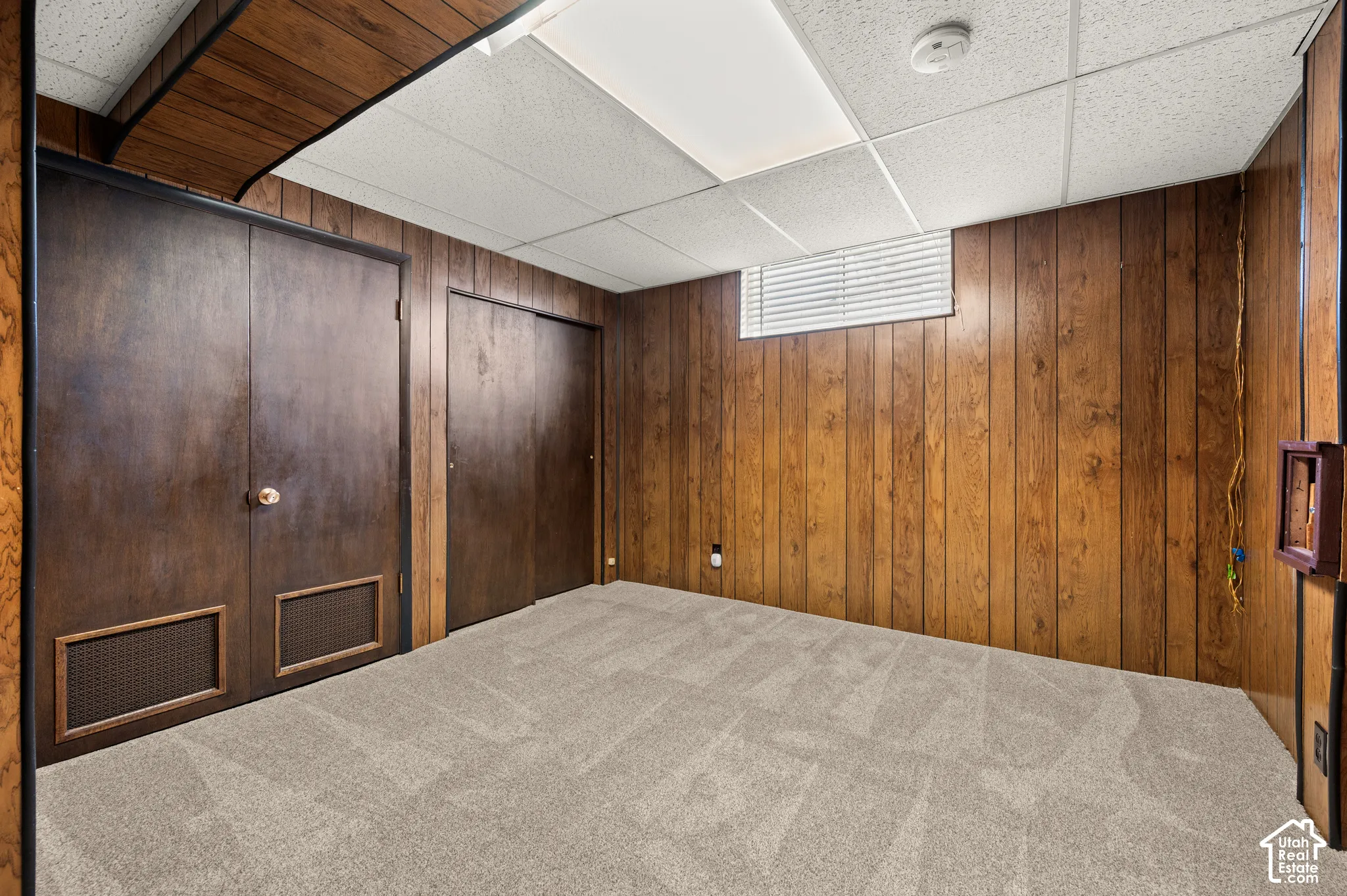 Wood-paneled walls with two built-in doors, one featuring perforated panels
