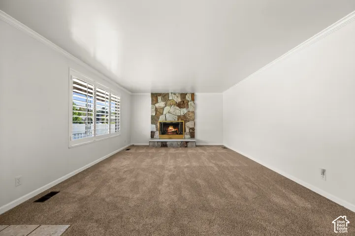 Spacious interior featuring a stone-faced fireplace with a metal insert, natural light from multiple windows, plantation shutters, and crown molding