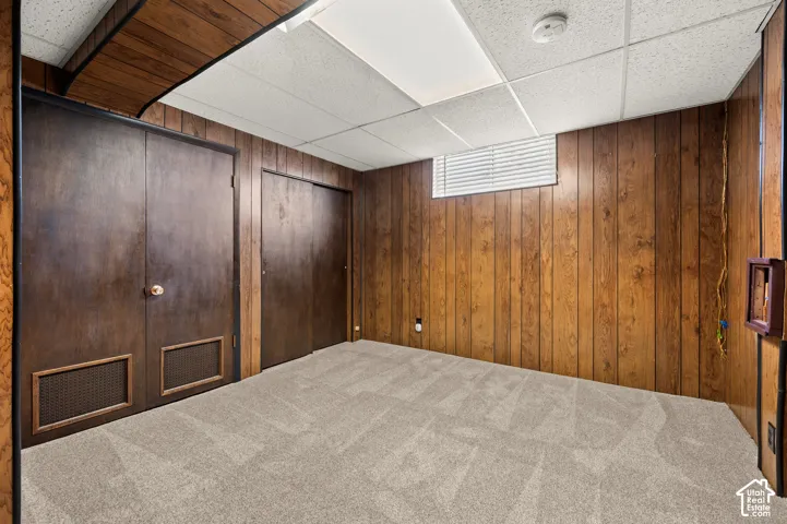 Wood-paneled walls with two built-in doors, one featuring perforated panels