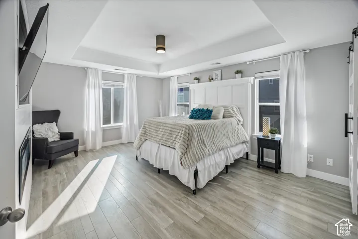 Tray ceiling with a modern flush-mount light fixture