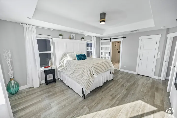 Tray ceiling with recessed lighting, wood-finish flooring, white paneled doors, sliding barn door with frosted glass panels, and a window with white trim