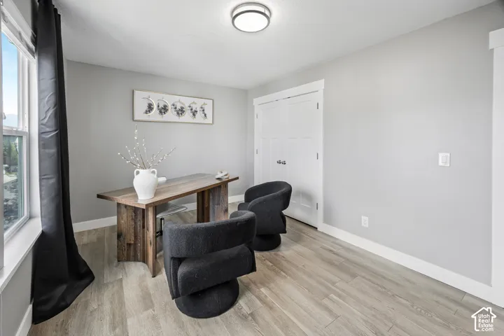 Light-toned wood-finish flooring, flush mount ceiling light fixture, white trim, and a window with a white frame