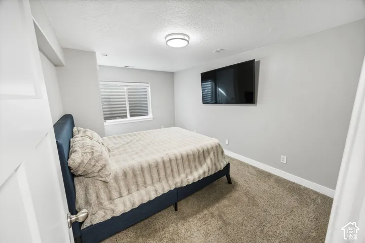 Carpeted flooring, recessed window, and overhead flush-mount lighting fixture
