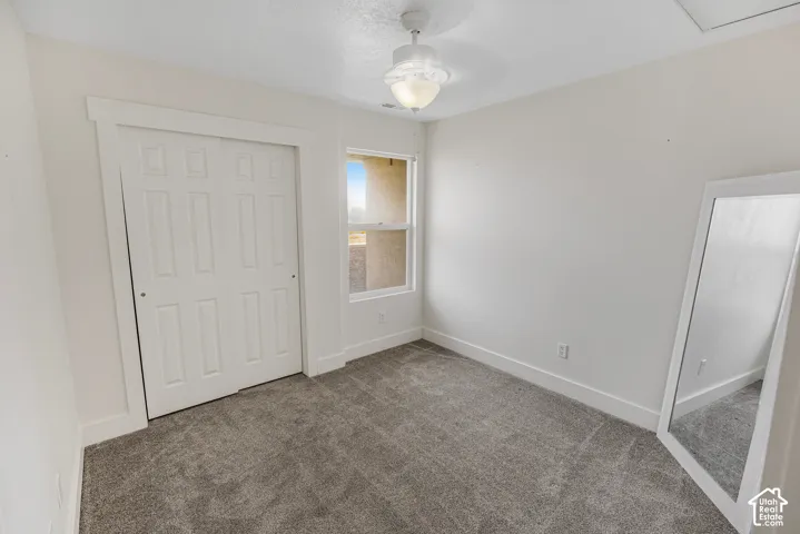 Plush gray carpet flooring, white walls, built-in closet with paneled doors, and a ceiling-mounted light fixture