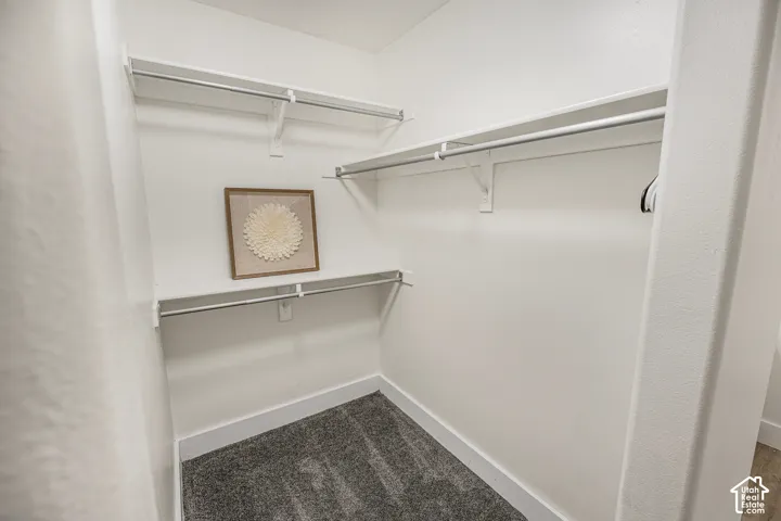 Walk-in closet featuring multiple shelving units and hanging rods