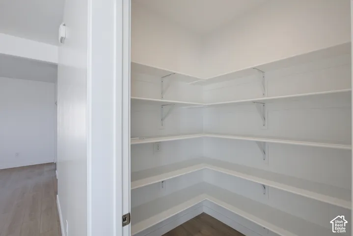 Walk-in pantry with extensive built-in shelving, white walls, and wood-finish flooring