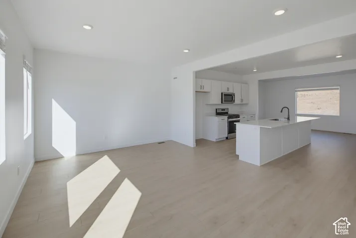 Open-concept kitchen and living area featuring wood-finish flooring, recessed lighting, and white cabinetry