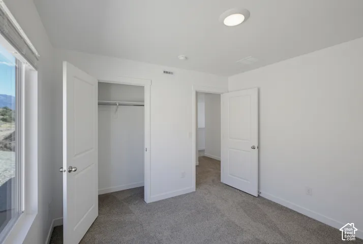 Carpeted room featuring a window with integrated blinds, a closet with bi-fold doors, and a ceiling-mounted light fixture