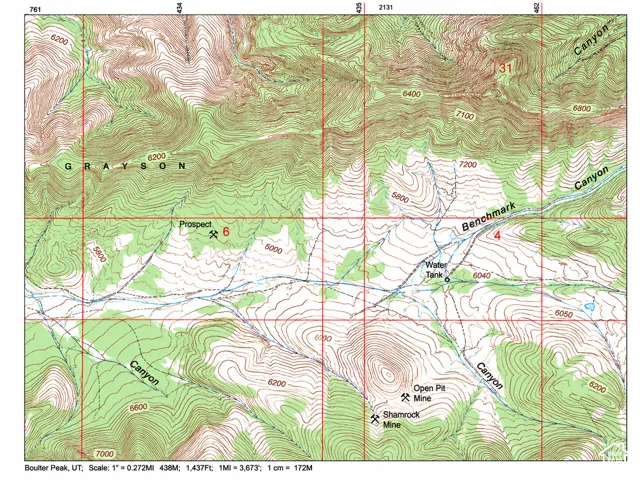 Topographic Map, Boulter Peak, UT. Illustrating terrain contours, geographical features, and identified points of interest within the specified region