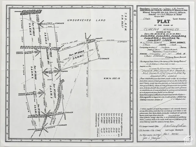 Plat of Claim. Detailing the survey of the mining claims for Cliff Mining Co., including land descriptions and boundary lines for the property