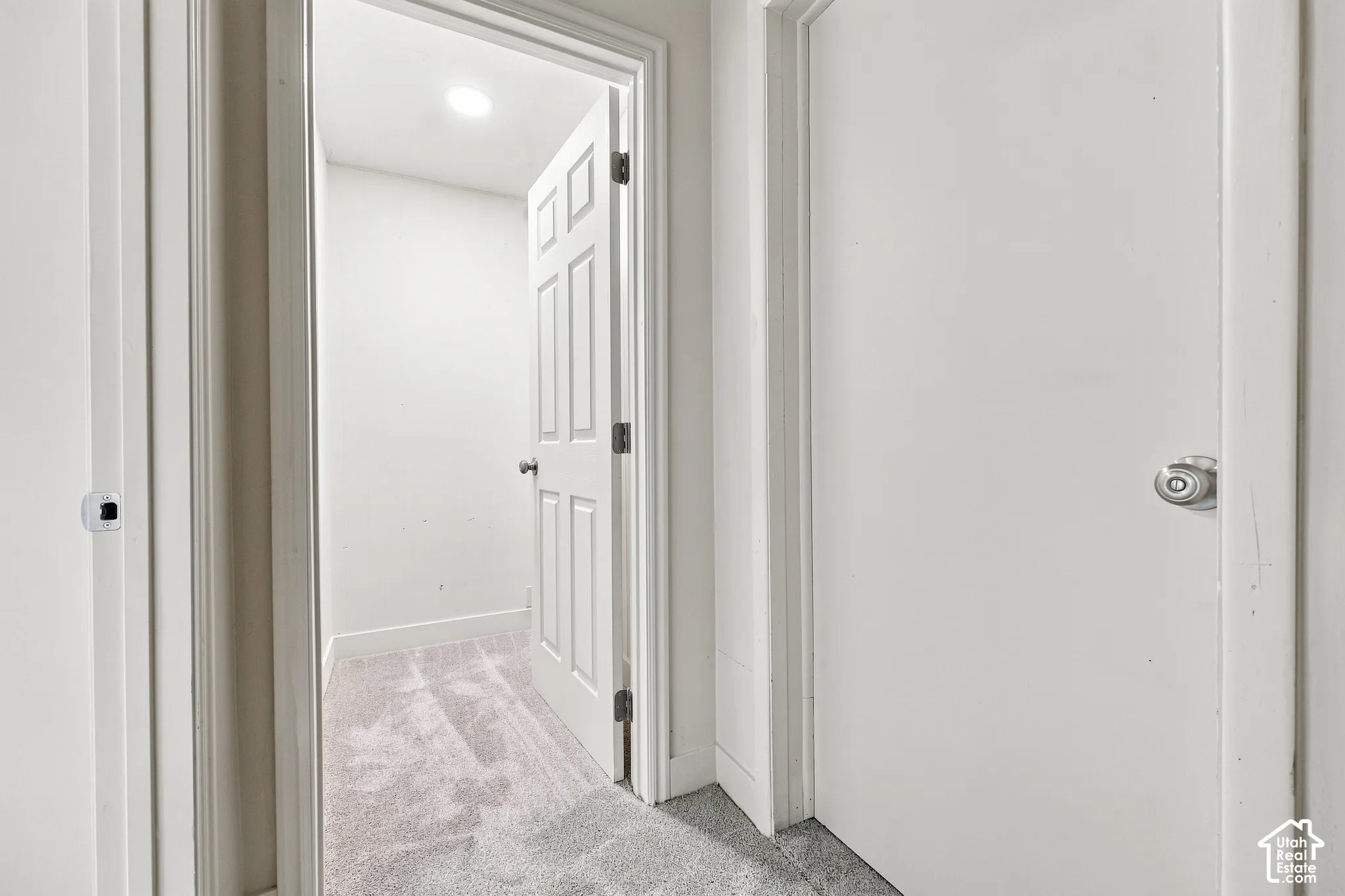 Recessed lighting illuminates the carpeted interior with a white paneled door