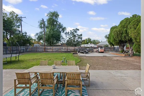 Expansive backyard featuring a partial grass lawn, concrete patio, and privacy fencing