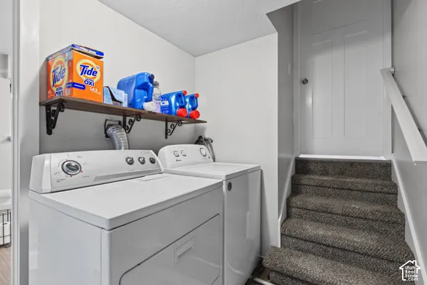 Dedicated laundry area with wall-mounted shelving and carpeted stairs