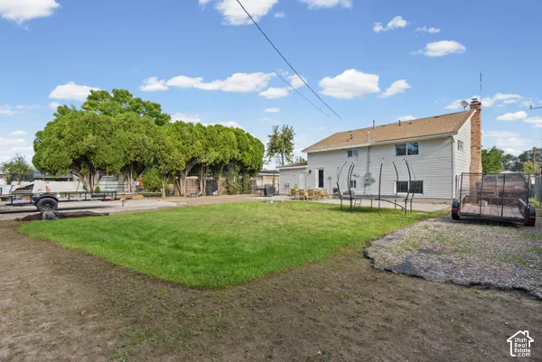 Expansive grassy area with mature trees and a gravel driveway