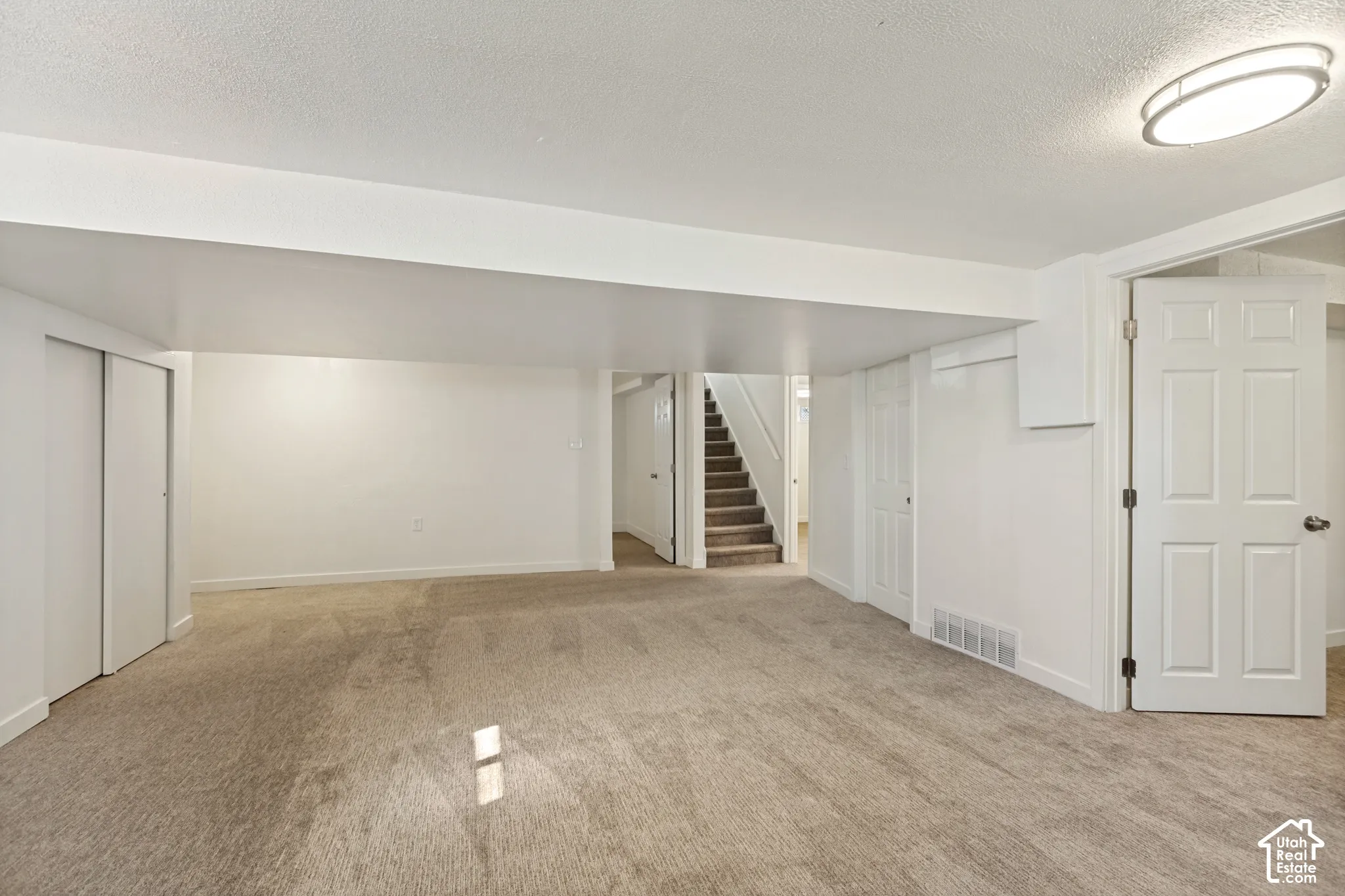 Expansive carpeted area with white walls, a six-panel interior door, and a built-in closet with sliding doors