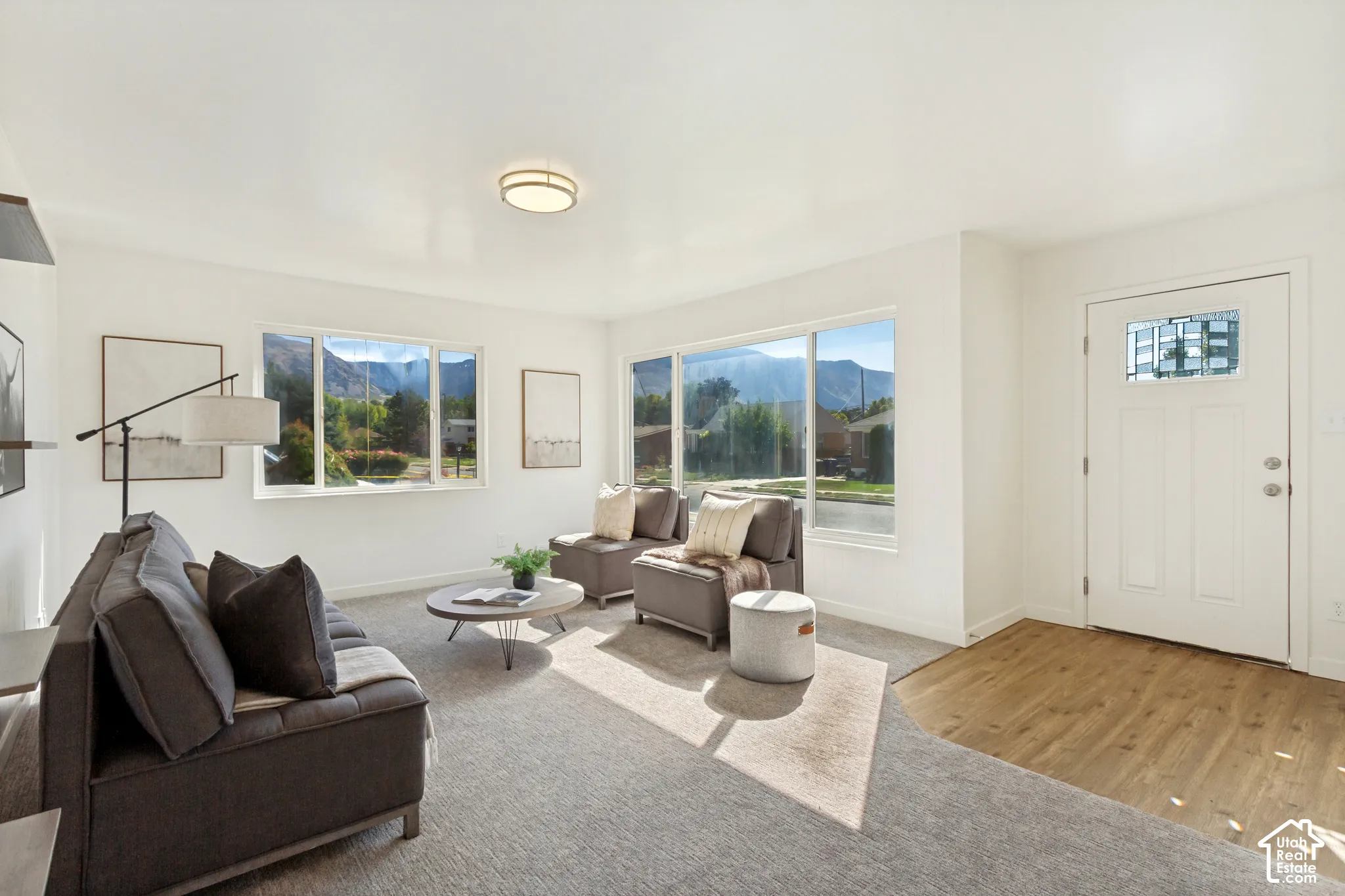Bright interior with multiple windows, wood-finish flooring, and a flush-mount ceiling light