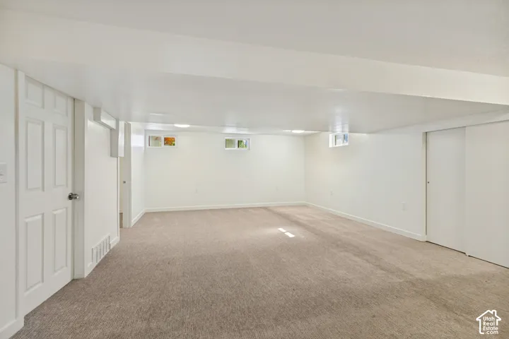 Expansive carpeted floor with white walls, multiple windows, and a white paneled door