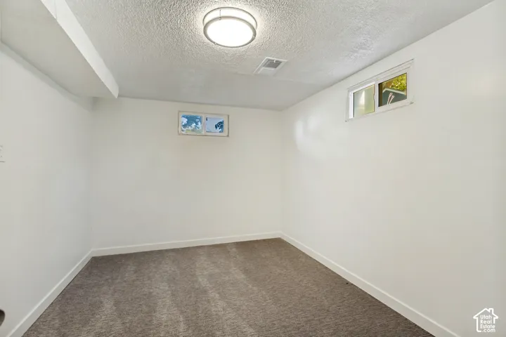 Recessed lighting fixture, two transom windows, and neutral carpeting