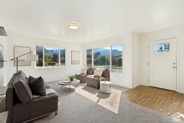 Bright interior with multiple windows, wood-finish flooring, and a flush-mount ceiling light