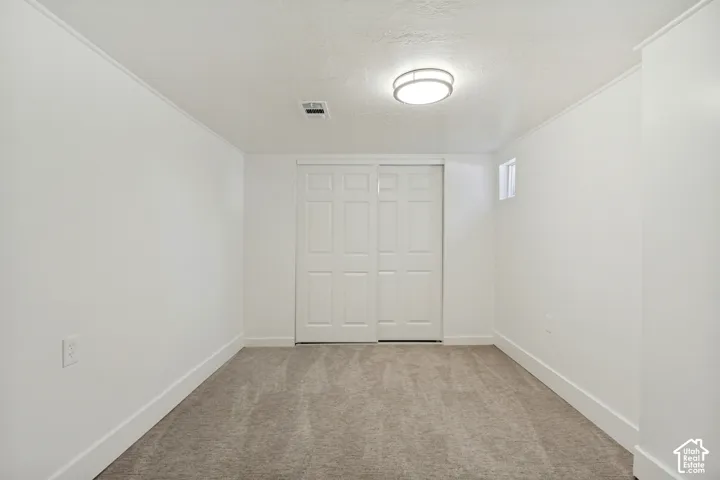 Neutral-toned carpet flooring, white walls, and a ceiling-mounted light fixture