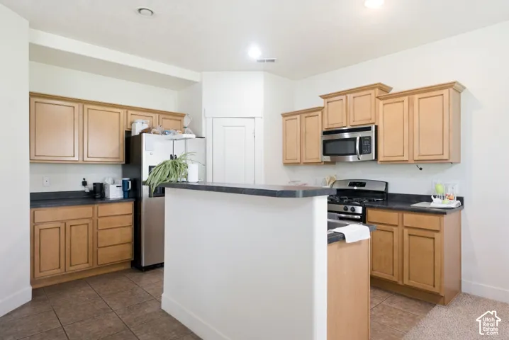 Kitchen with wood-finish cabinetry, dark countertops, stainless steel appliances, and tiled flooring