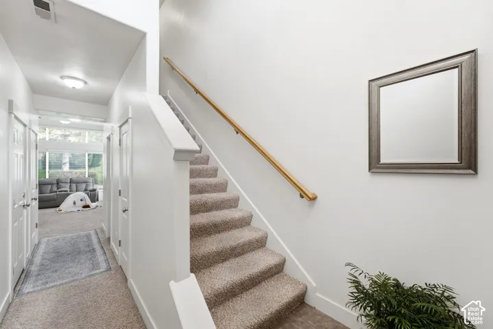 Carpeted staircase with a wood handrail, leading to an upper level