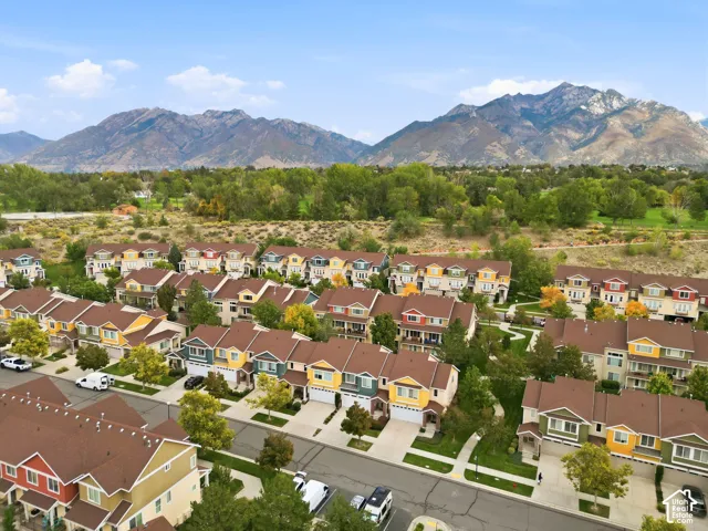 Community setting with varied exterior color palettes and mountain backdrop