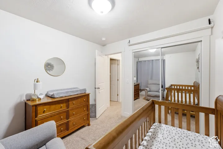 Wall-to-wall carpeting, overhead flush-mount lighting, and a mirrored sliding closet door