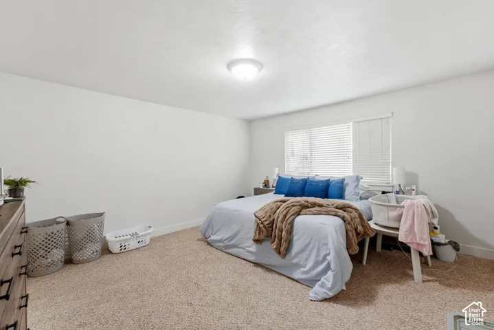 Carpeted flooring, white walls, and a window with blinds