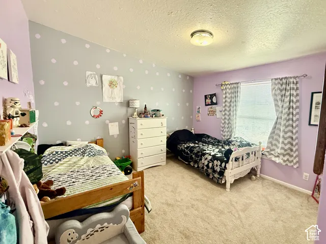 Carpeted flooring, recessed ceiling light fixture, and a window with blinds