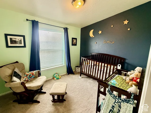 Carpeted room featuring a window with blinds, a ceiling-mounted light fixture, and a two-tone wall treatment