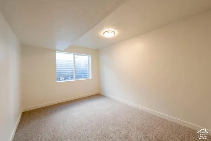 Neutral wall finishes, carpeted flooring, a flush-mount ceiling light fixture, and a single window