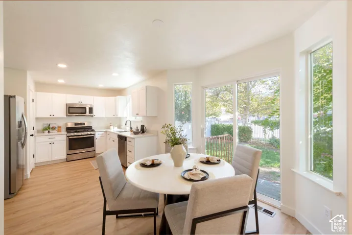 Kitchen featuring white cabinetry, stainless steel appliances, and light wood-finish flooring