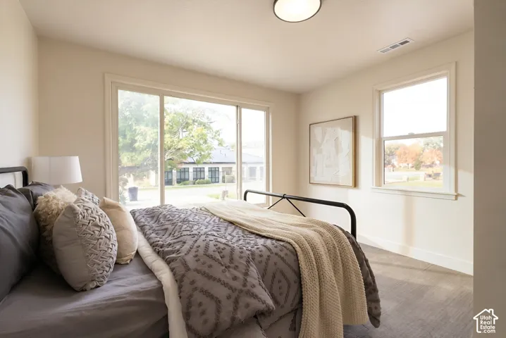 Expansive sliding glass door, additional window, overhead flush-mount light fixture, and neutral wall paint