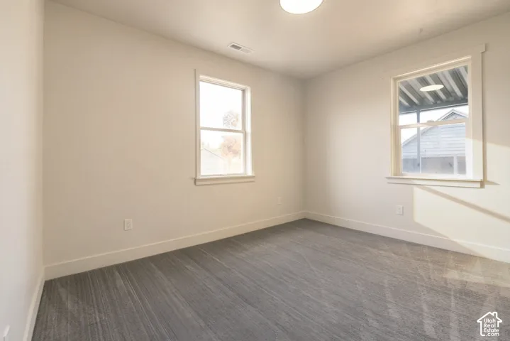 Spacious room featuring neutral wall tones, two windows with white trim, gray carpet, and a flush mount ceiling light