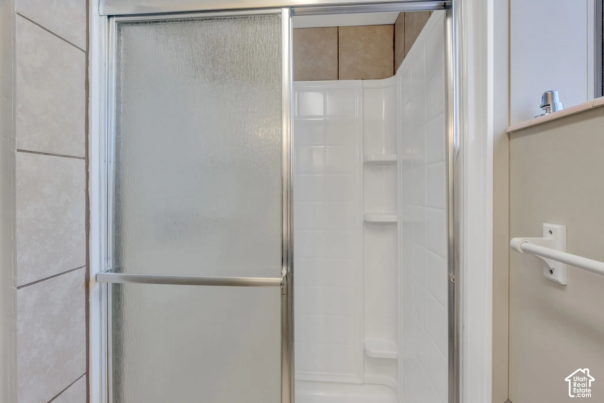 Frosted glass shower enclosure with a stainless steel frame, featuring a white shower surround with integrated shelving