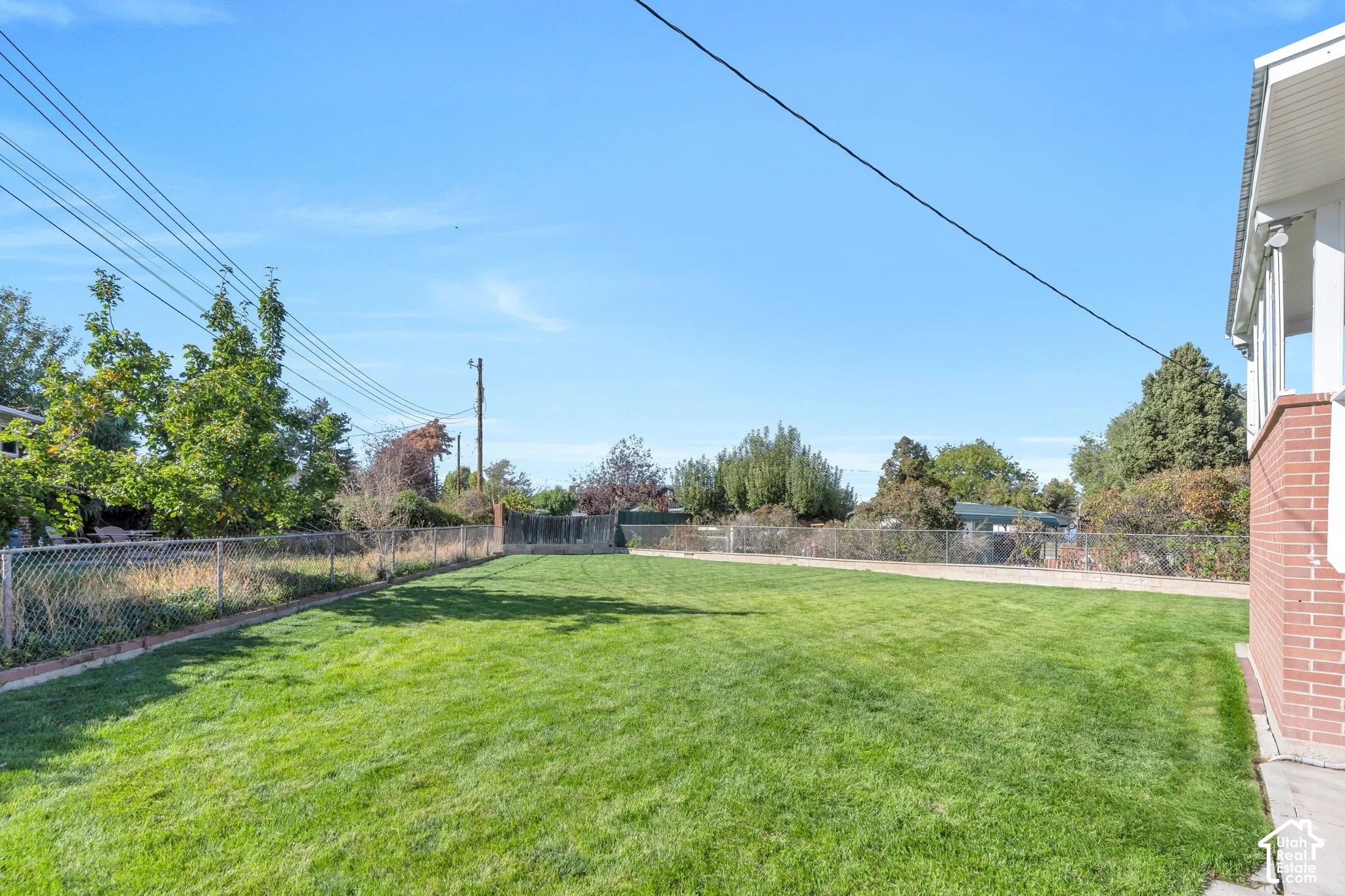 Expansive backyard with a manicured lawn, chain-link fencing, and mature perimeter trees
