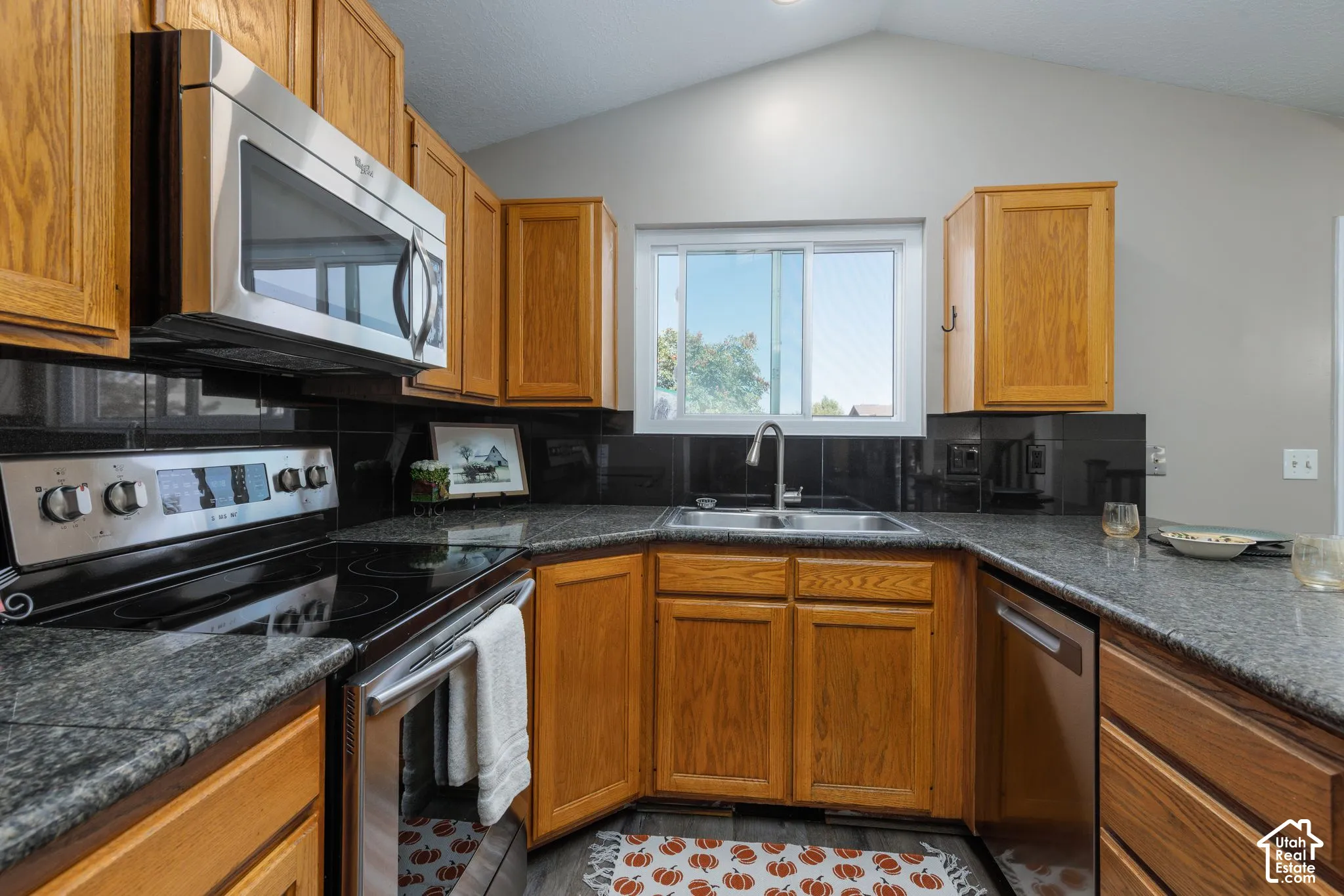 Vaulted ceiling over a kitchen featuring wood cabinetry, stainless steel appliances, a double basin sink, and dark stone countertops