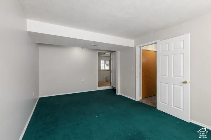 Green carpeting, white interior doors, and neutral wall paint