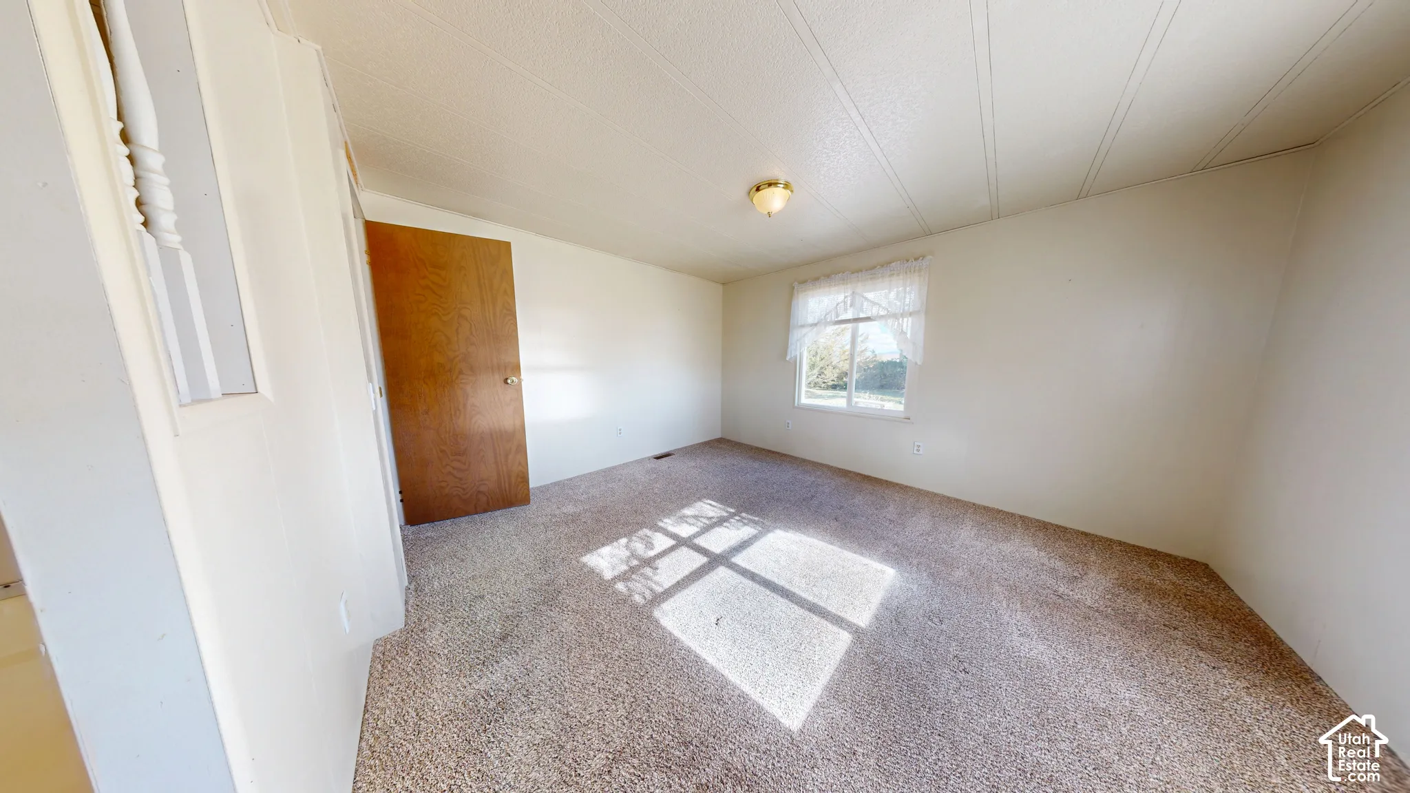 Room featuring neutral carpeting, a single-panel wood-finish door, a sliding window with natural lighting, and a ceiling-mounted light fixture
