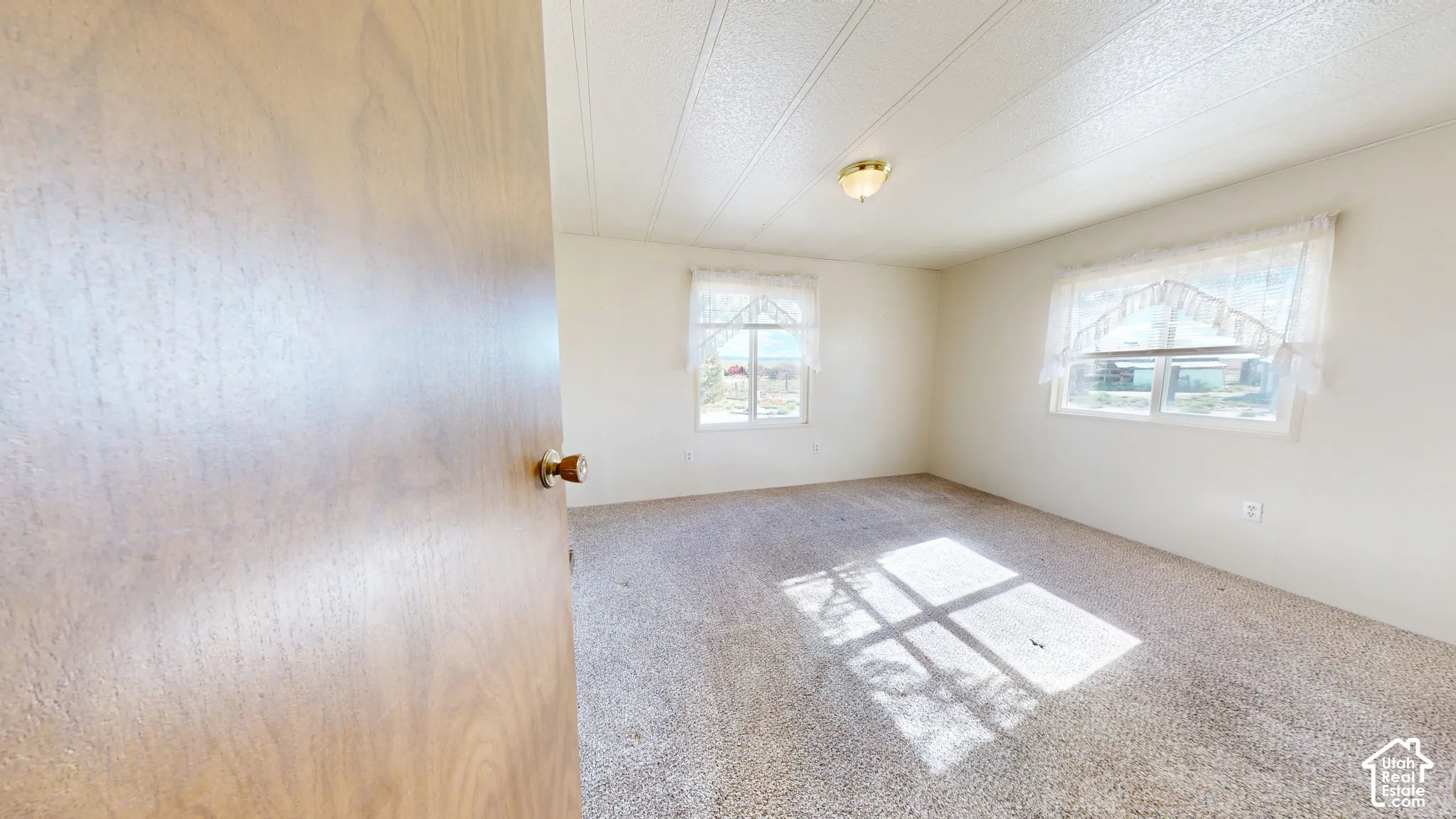 Neutral interior room featuring neutral carpeting, textured ceiling, dual windows, and a wood-finish interior door