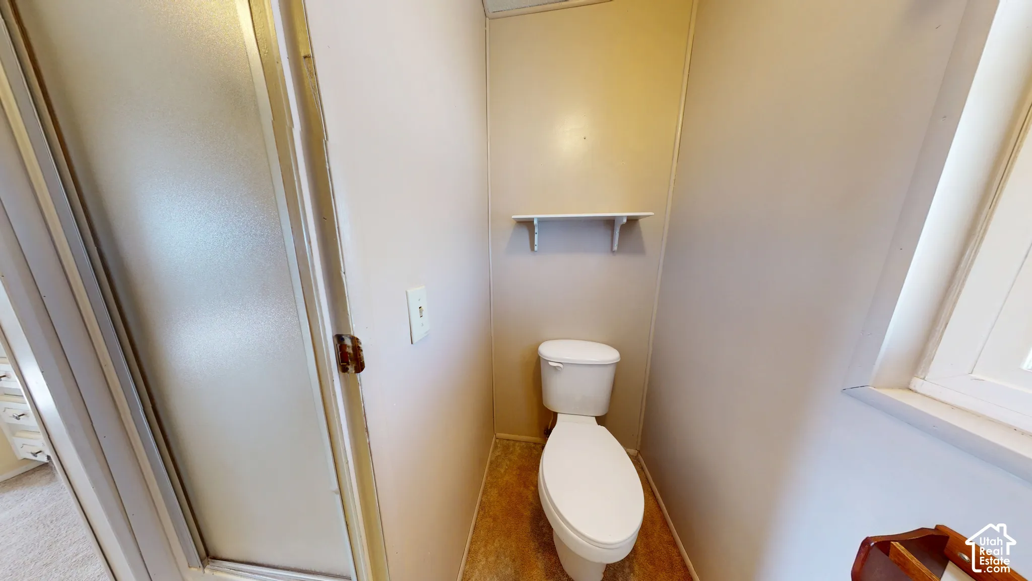 Enclosed area featuring a toilet, built-in shelving, and a shower stall with a frosted glass door