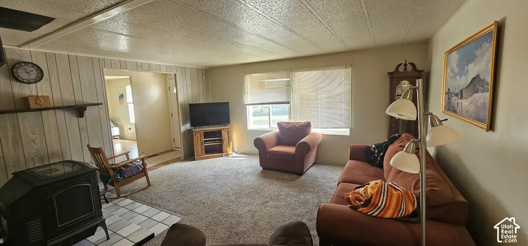 Carpeted living area featuring a wood stove with a tiled hearth, paneling, and multiple windows