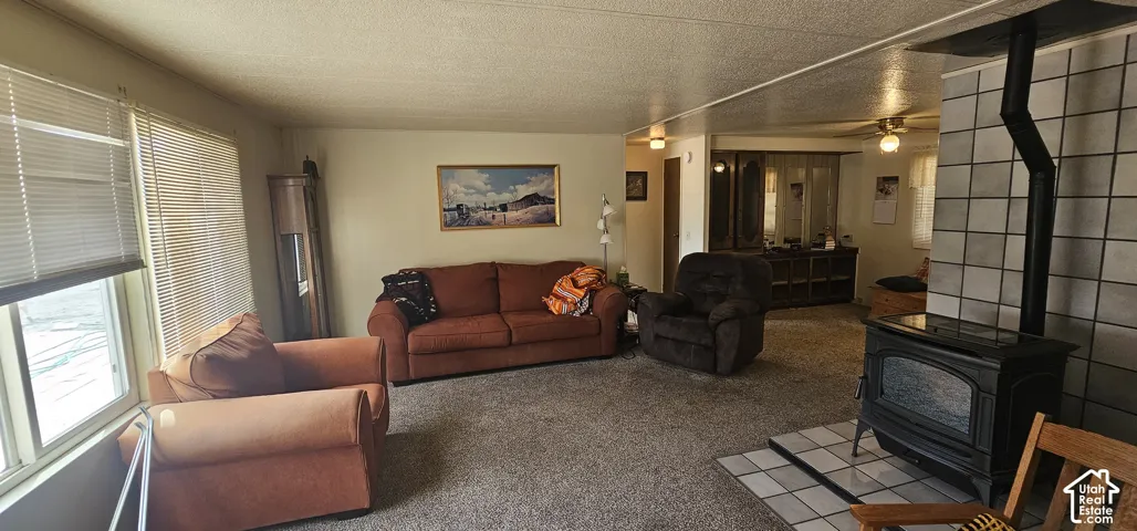 Carpeted living area featuring a wood-burning stove with a tile hearth and a window with blinds