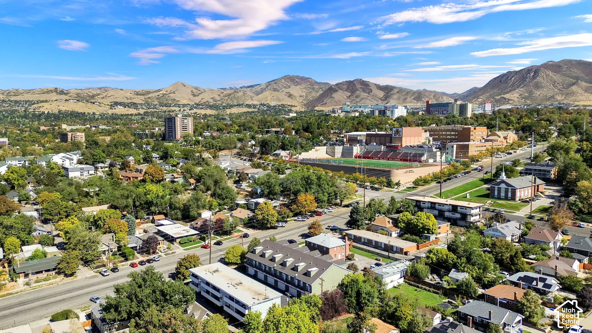 Expansive neighborhood with mature trees, established residential buildings, and a mountainous backdrop
